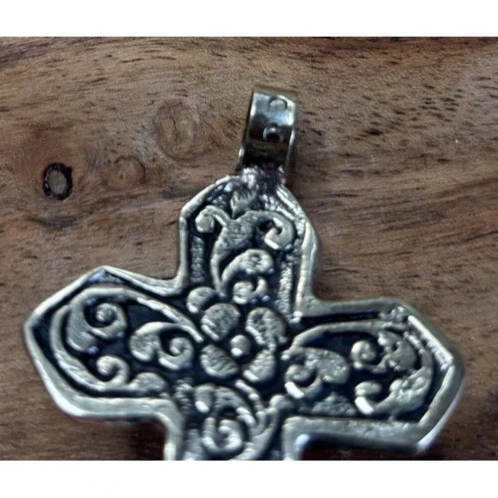 German Silver Cross Pendant Turquoise Cabochon Nepal Tibetan Floral Scroll